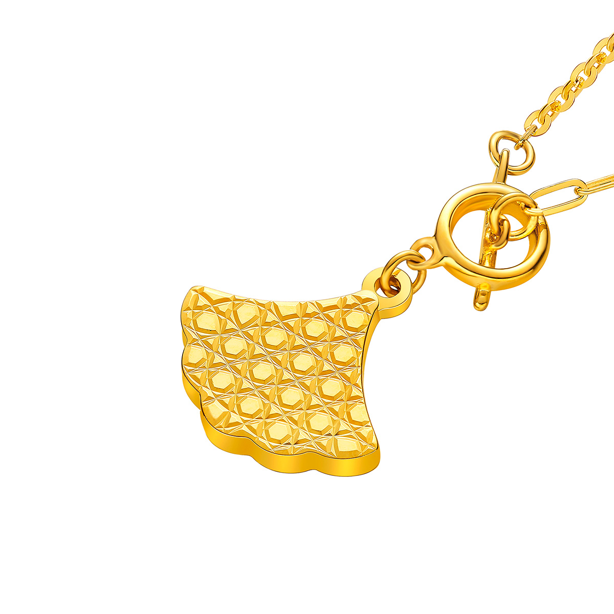 六福珠寶黃金頸鏈 - "幸福感應"銀杏葉形990黃金頸鏈