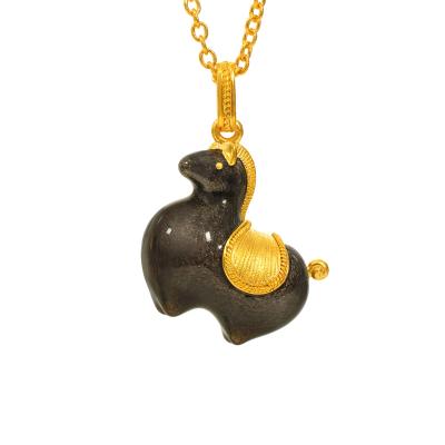 六福珠寶黃金頸鏈 - 炫棕黑"唐彩墩墩馬"999.9黃金琺瑯頸鏈