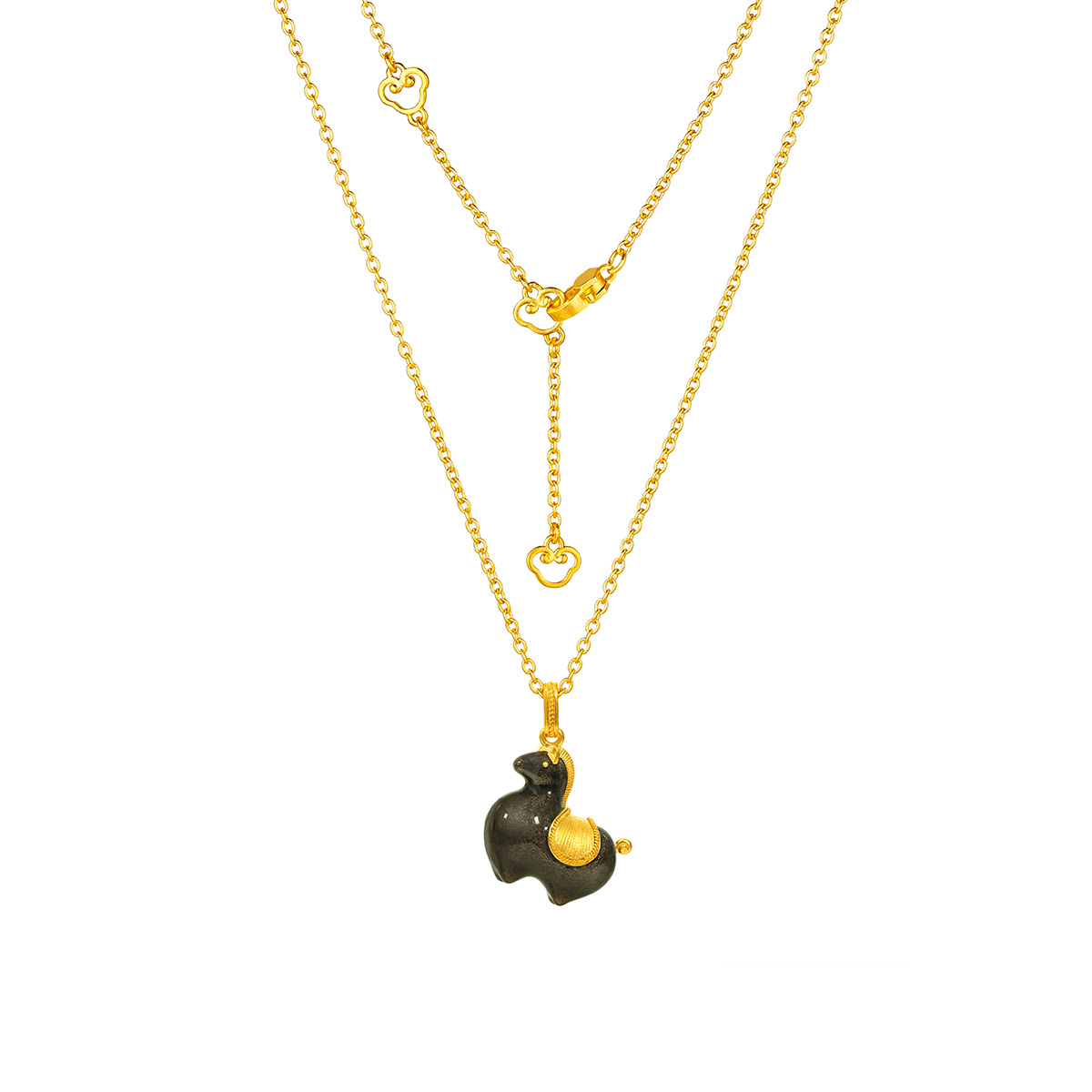 六福珠寶黃金頸鏈 - 炫棕黑"唐彩墩墩馬"999.9黃金琺瑯頸鏈