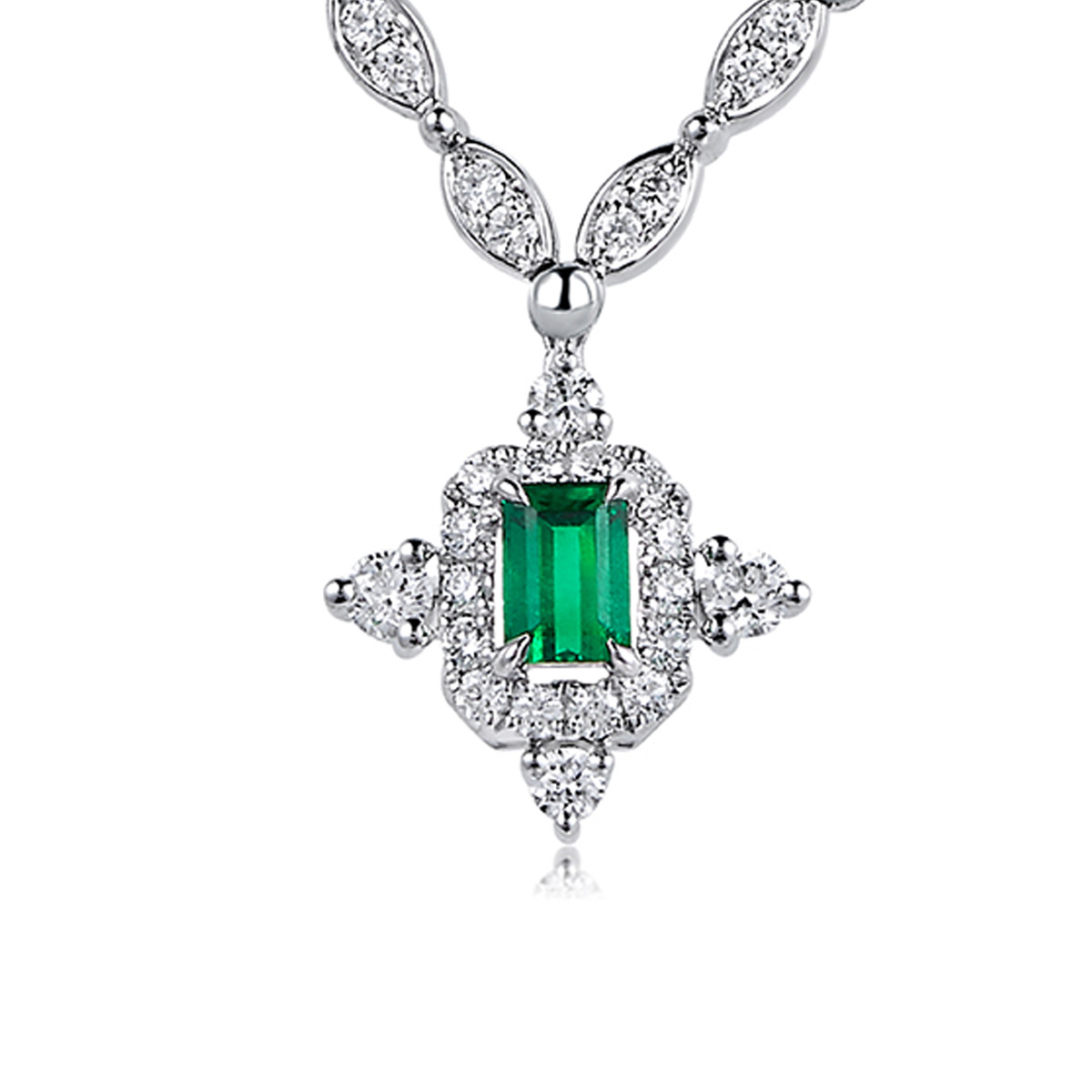 $t('六福珠寶')18K金頸鏈 - "凝彩美寶"18K金(白色)祖母綠鑽石頸鏈