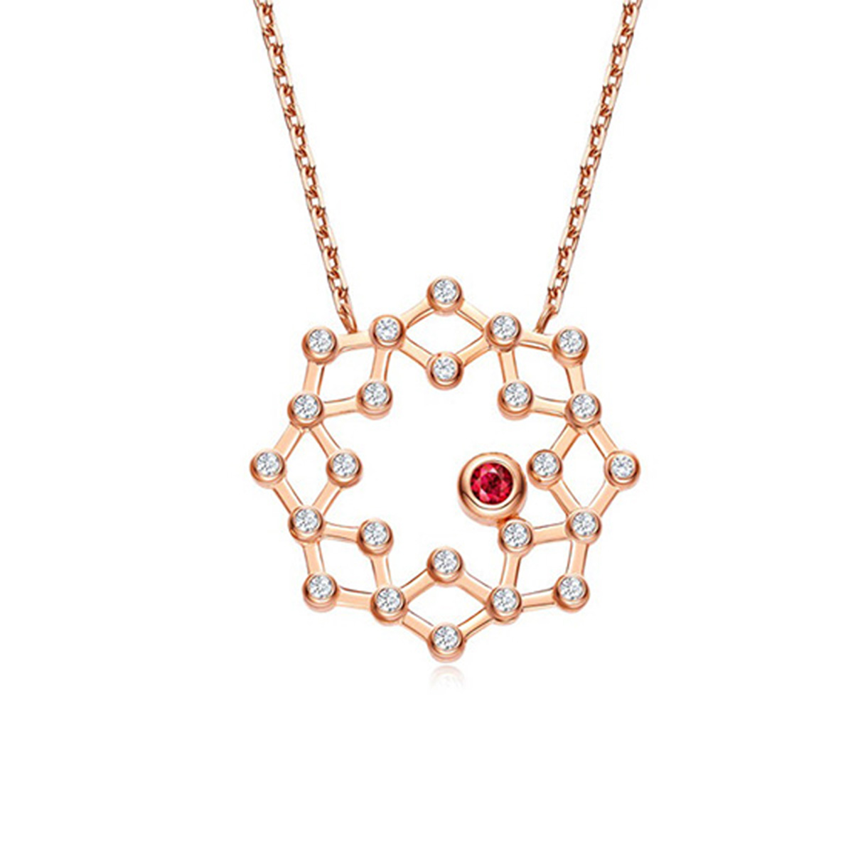 六福珠寶18K金頸鏈 - "閃動星圈"18K玫瑰金紅寶石鑽石頸鏈(三種變化款式)