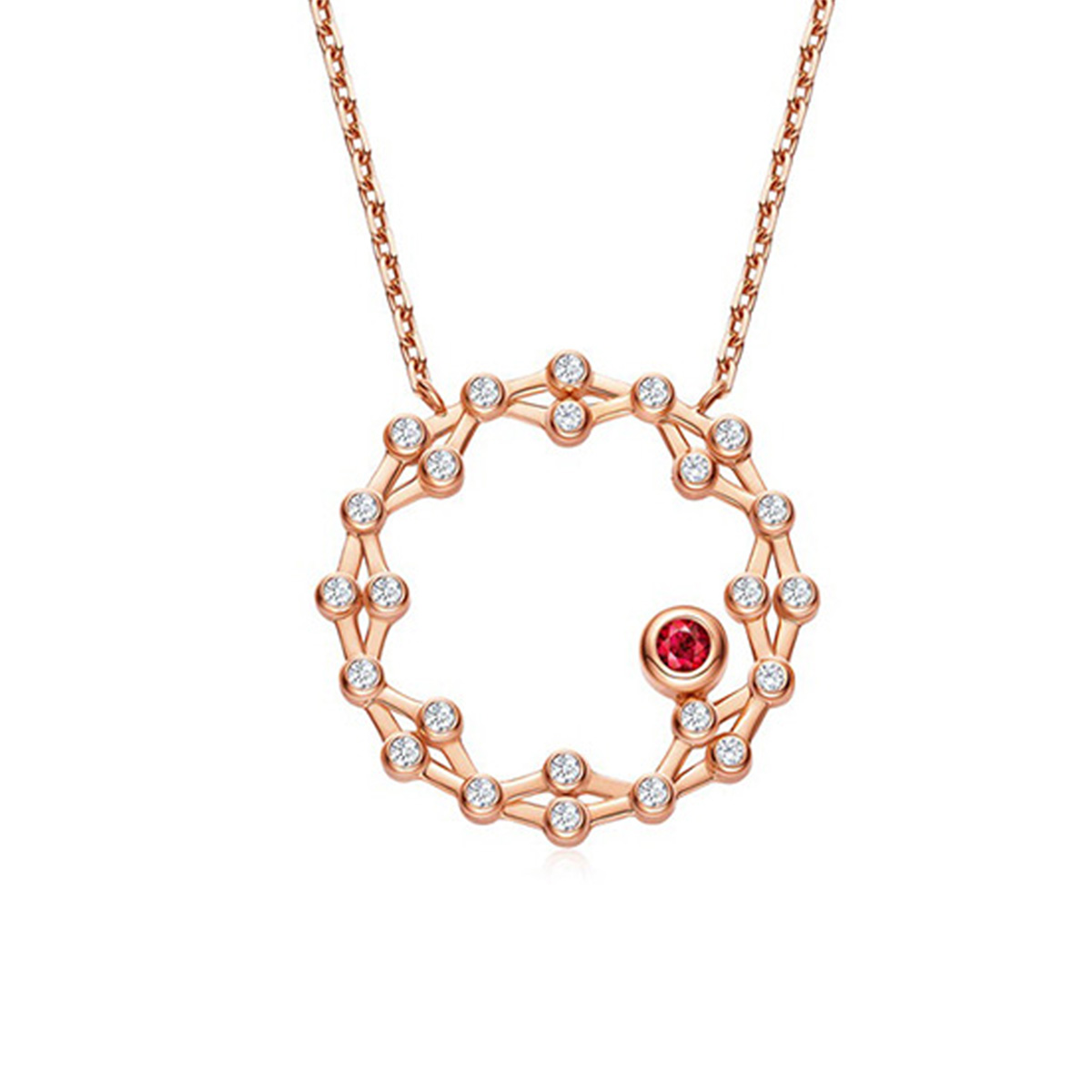 六福珠寶18K金頸鏈 - "閃動星圈"18K玫瑰金紅寶石鑽石頸鏈(三種變化款式)