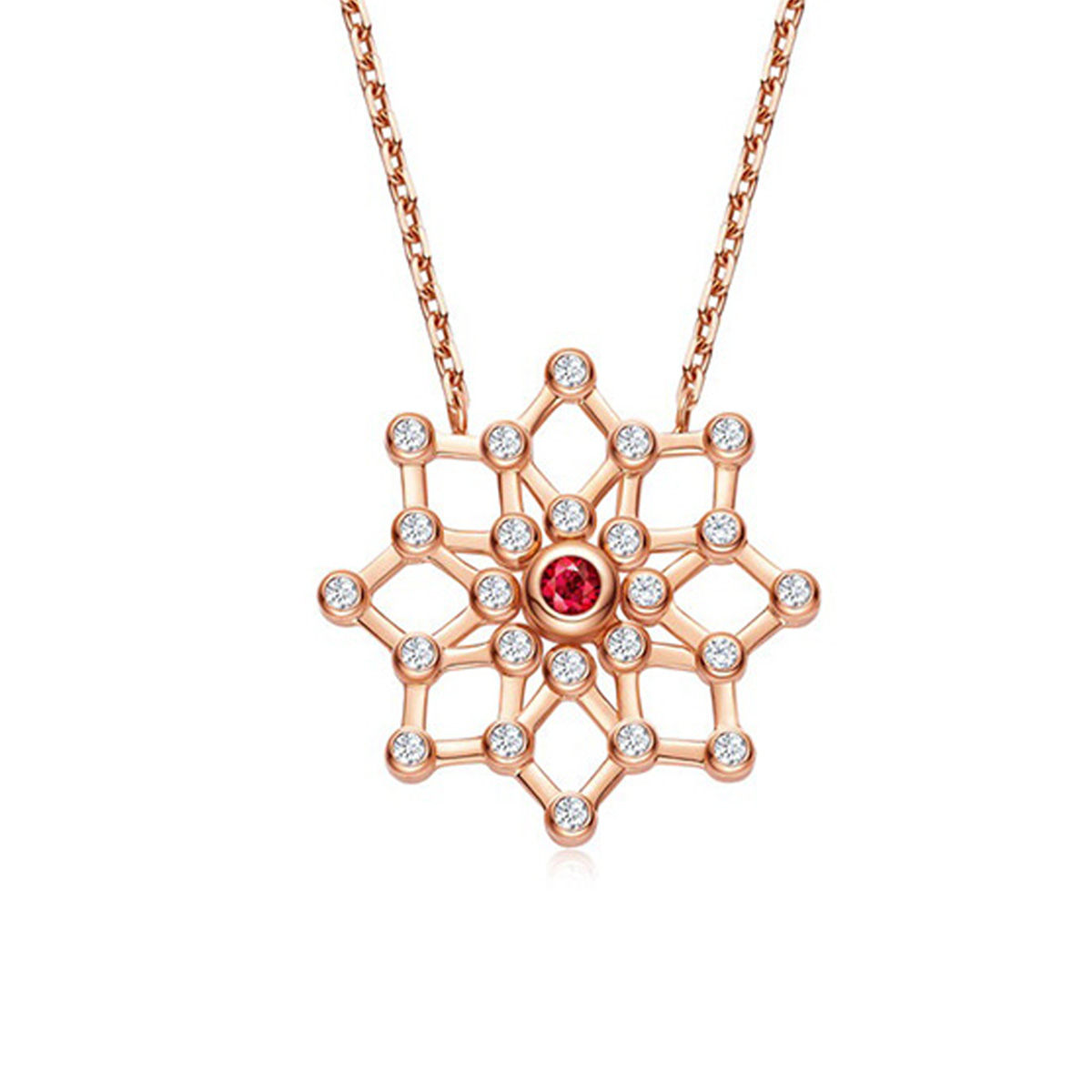 六福珠寶18K金頸鏈 - "閃動星圈"18K玫瑰金紅寶石鑽石頸鏈(三種變化款式)