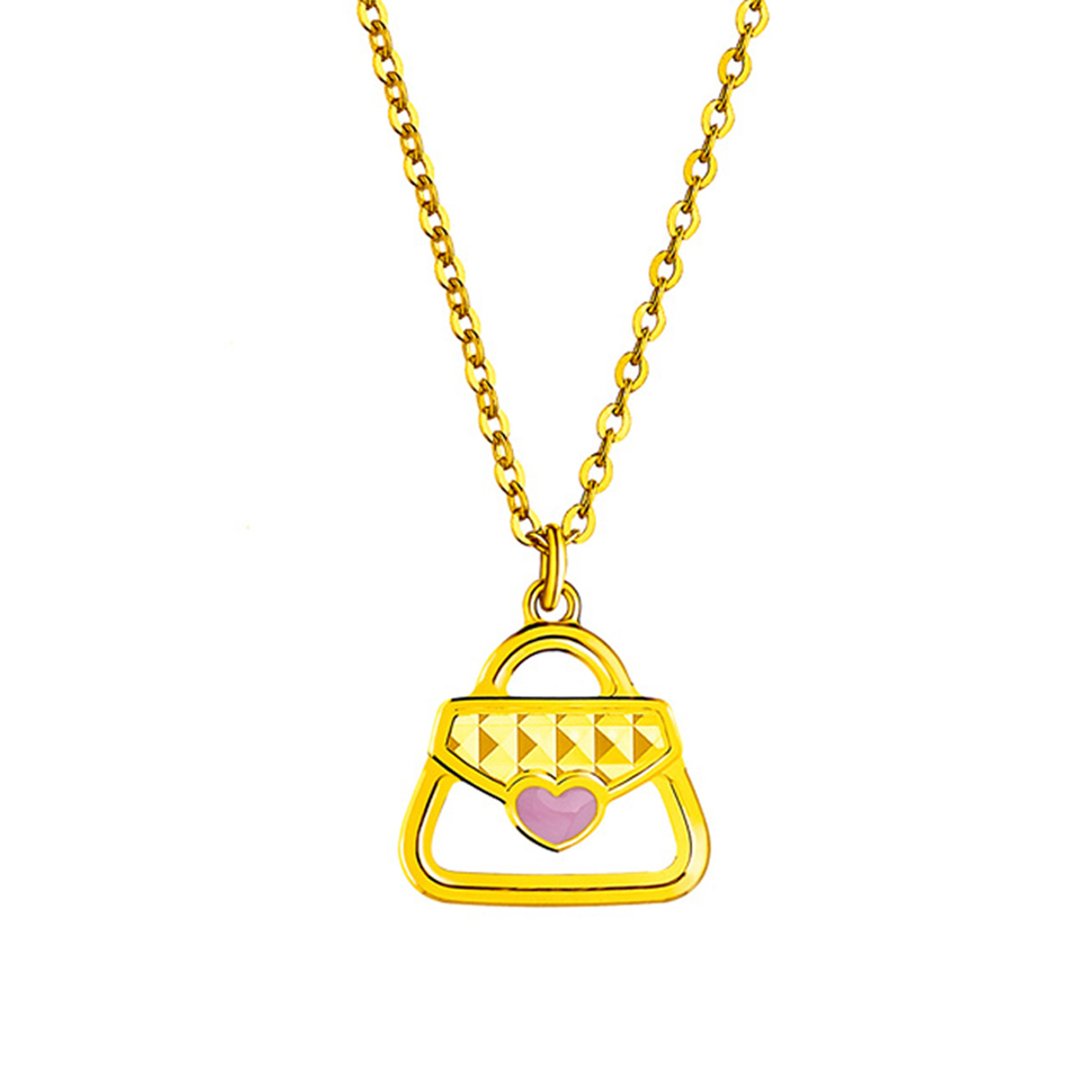 六福珠寶黃金頸鏈 - "時尚小香包"999.9黃金琺瑯頸鏈-粉紅色
