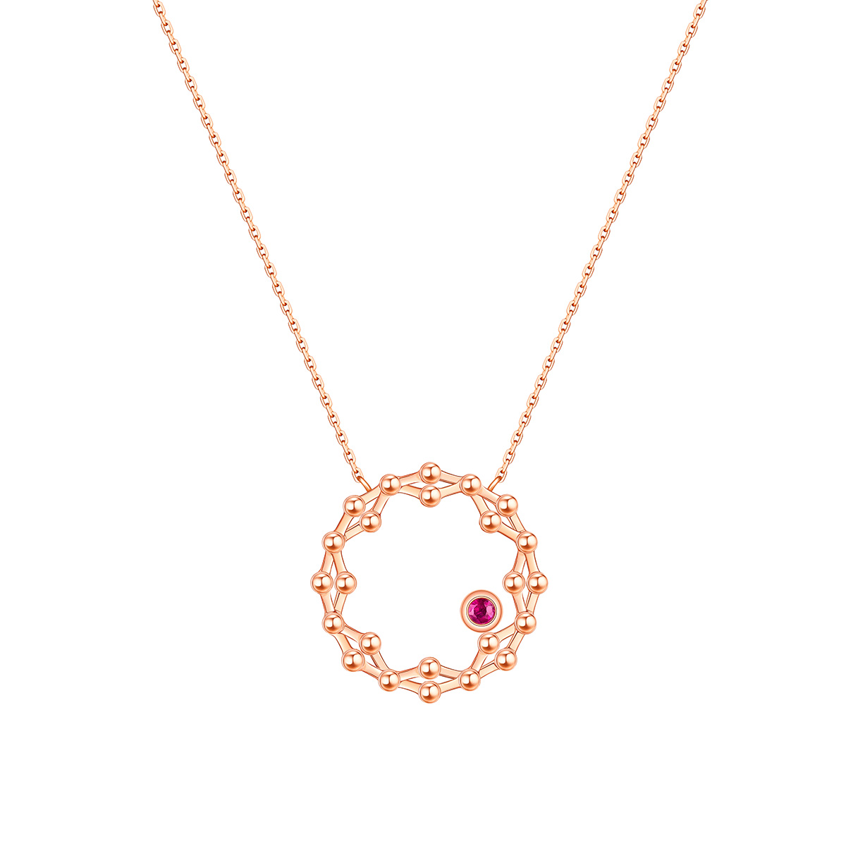 六福珠寶18K金頸鏈 - "閃動星圈"18K玫瑰金紅寶石頸鏈(三種變化款式)