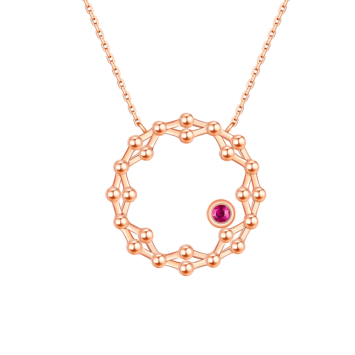 六福珠寶18K金頸鏈 - "閃動星圈"18K玫瑰金紅寶石頸鏈(三種變化款式)