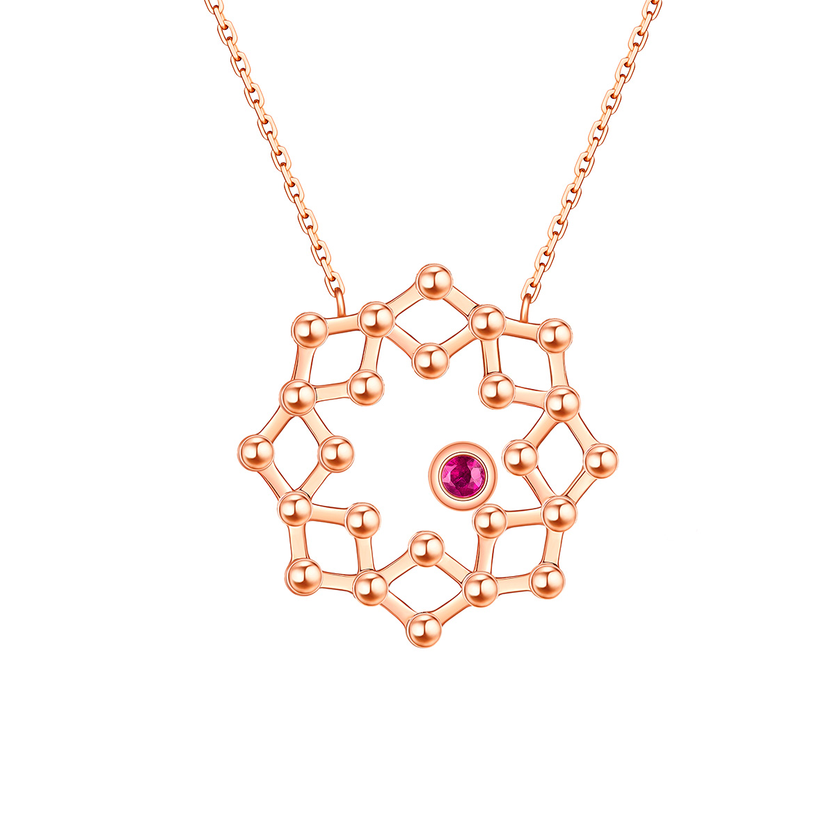 六福珠寶18K金頸鏈 - "閃動星圈"18K玫瑰金紅寶石頸鏈(三種變化款式)