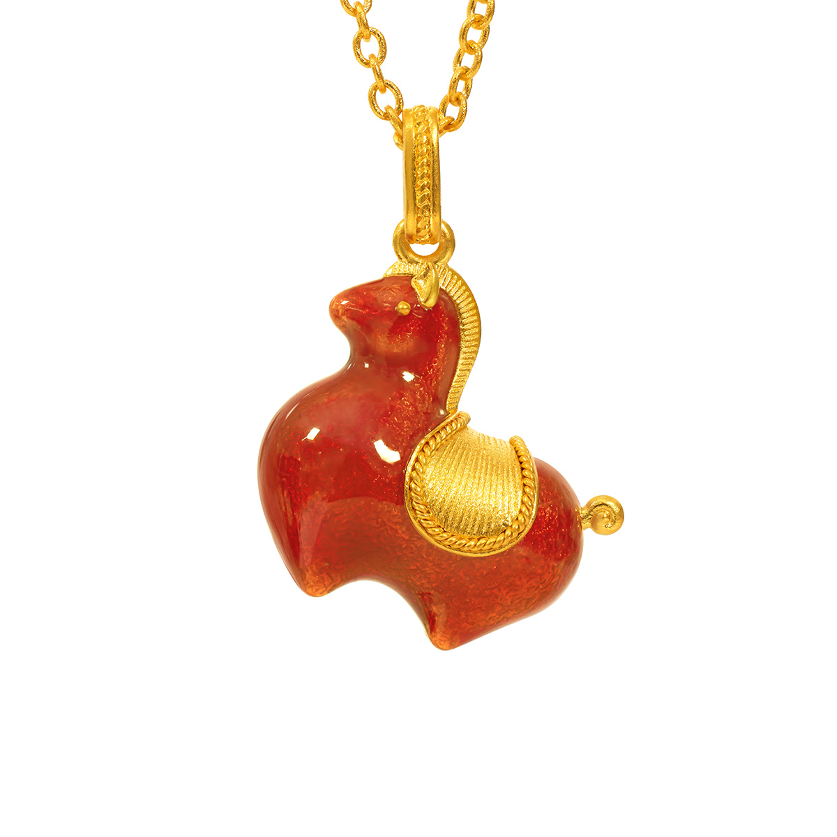 六福珠寶黃金頸鏈 - 中國紅"唐彩墩墩馬"999.9黃金琺瑯頸鏈