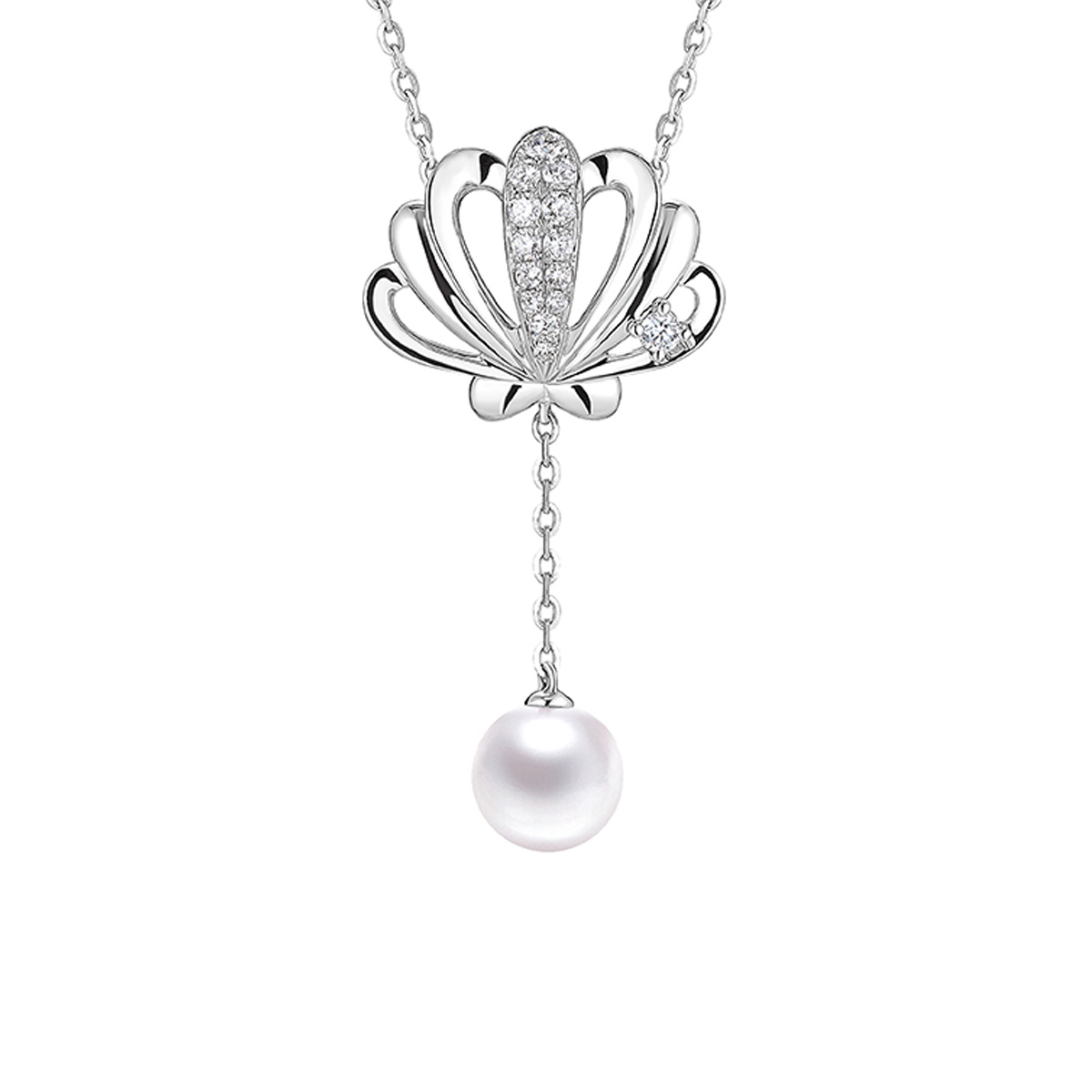 $t('六福珠寶')18K金頸鏈 - "貝‧語"18K金(白色)珍珠鑽石頸鏈