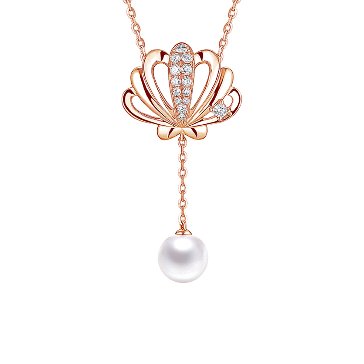 六福珠寶18K金頸鏈 - "貝‧語"18K金珍珠鑽石頸鏈-多色選擇