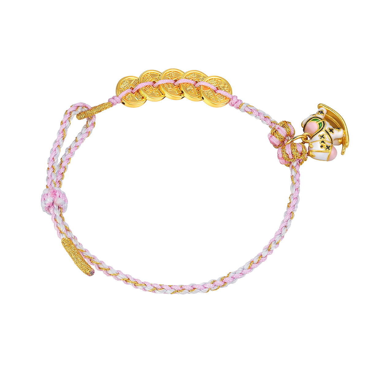 六福珠寶黃金串飾 - “馬上有錢”999足金鎏彩串飾連手繩