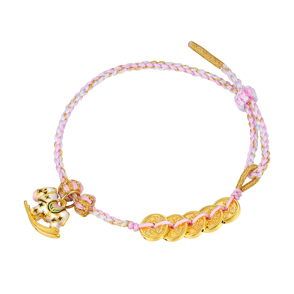 六福珠寶黃金串飾 - “馬上有錢”999足金鎏彩串飾連手繩