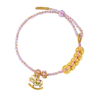 六福珠寶黃金串飾 - “馬上有錢”999足金鎏彩串飾連手繩