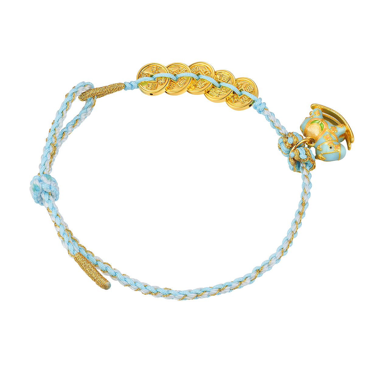 六福珠寶黃金串飾 - “馬上有錢”999足金鎏彩串飾連手繩