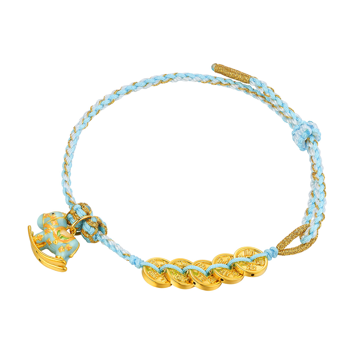 六福珠寶黃金串飾 - “馬上有錢”999足金鎏彩串飾連手繩