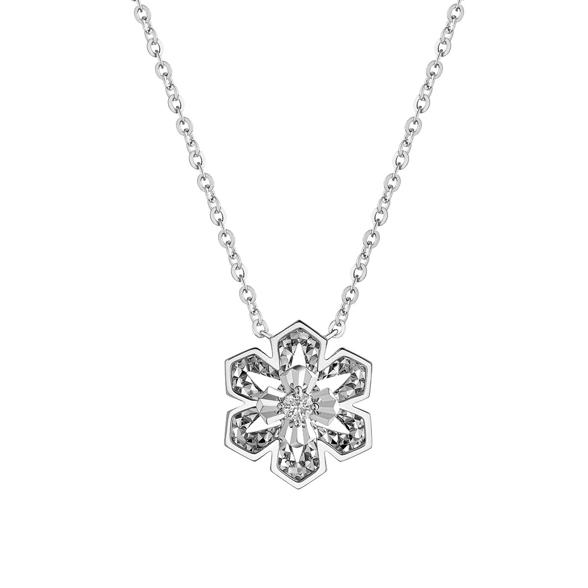 六福珠寶18K金頸鏈 - “星芒花语”18K金(白色)鑽石頸鏈