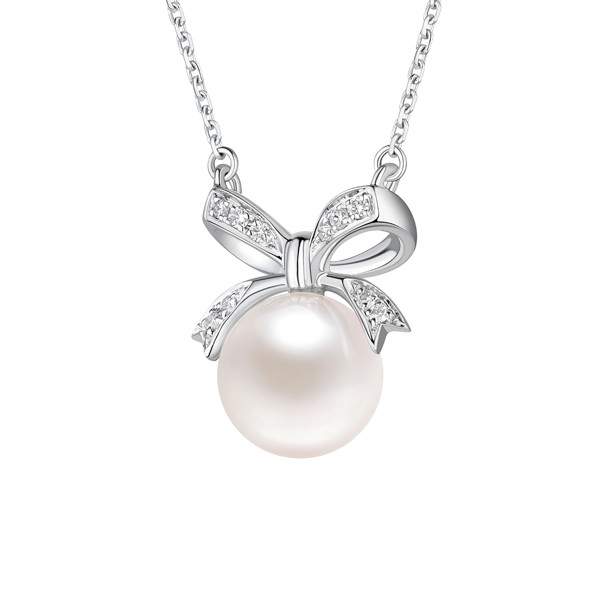 六福珠寶18K金頸鏈 - 【LISTING CLOSED】"蝴蝶結"18K金(白色)珍珠鑽石頸鏈