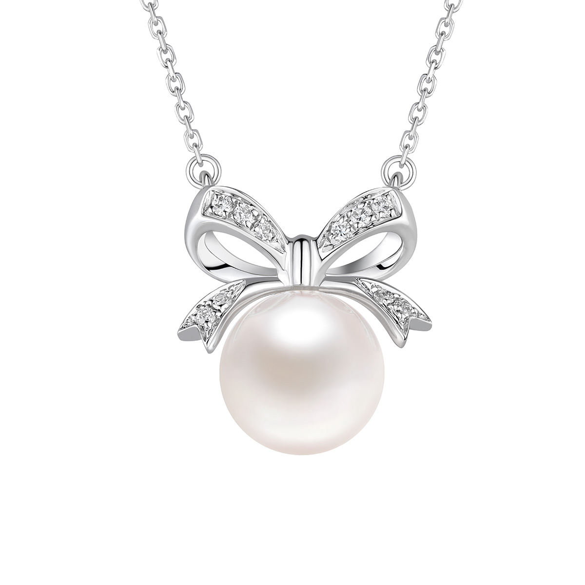 $t('六福珠寶')18K金頸鏈 - 【LISTING CLOSED】"蝴蝶結"18K金(白色)珍珠鑽石頸鏈