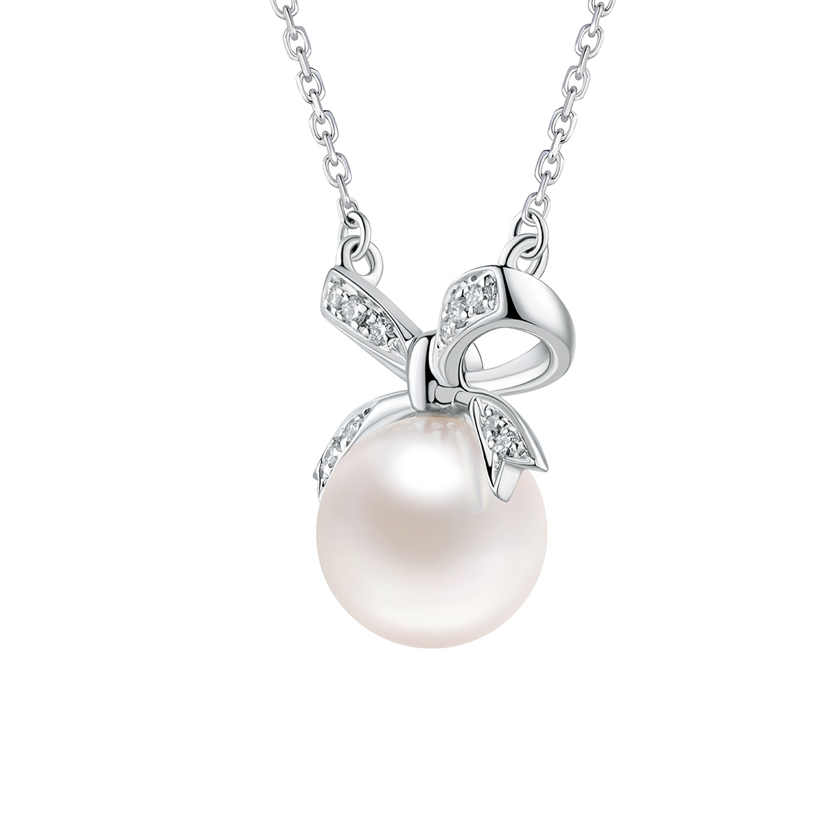 六福珠寶18K金頸鏈 - 【LISTING CLOSED】"蝴蝶結"18K金(白色)珍珠鑽石頸鏈