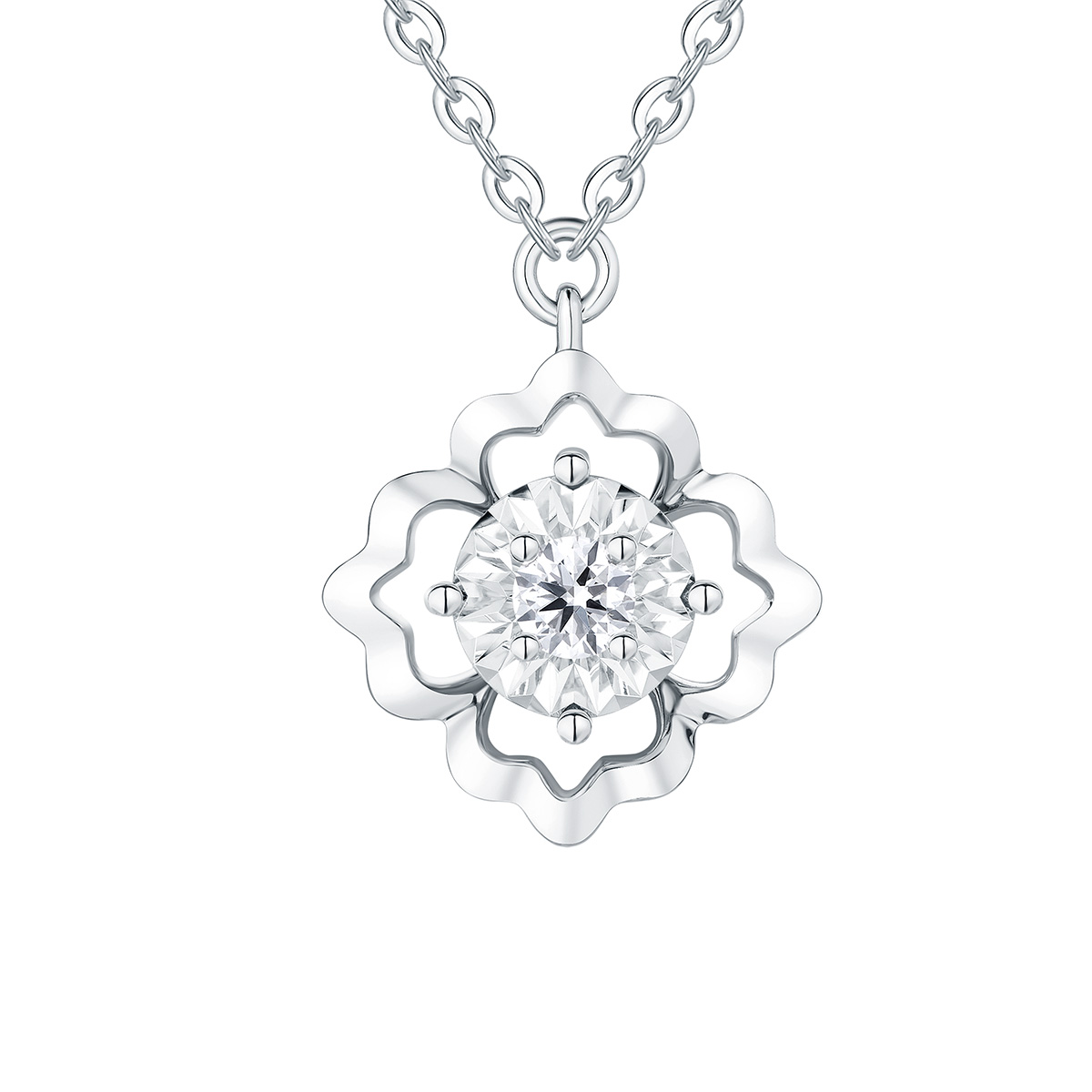 六福珠寶18K金頸鏈 - “綻放之花”18K金(白色)鑽石頸鏈