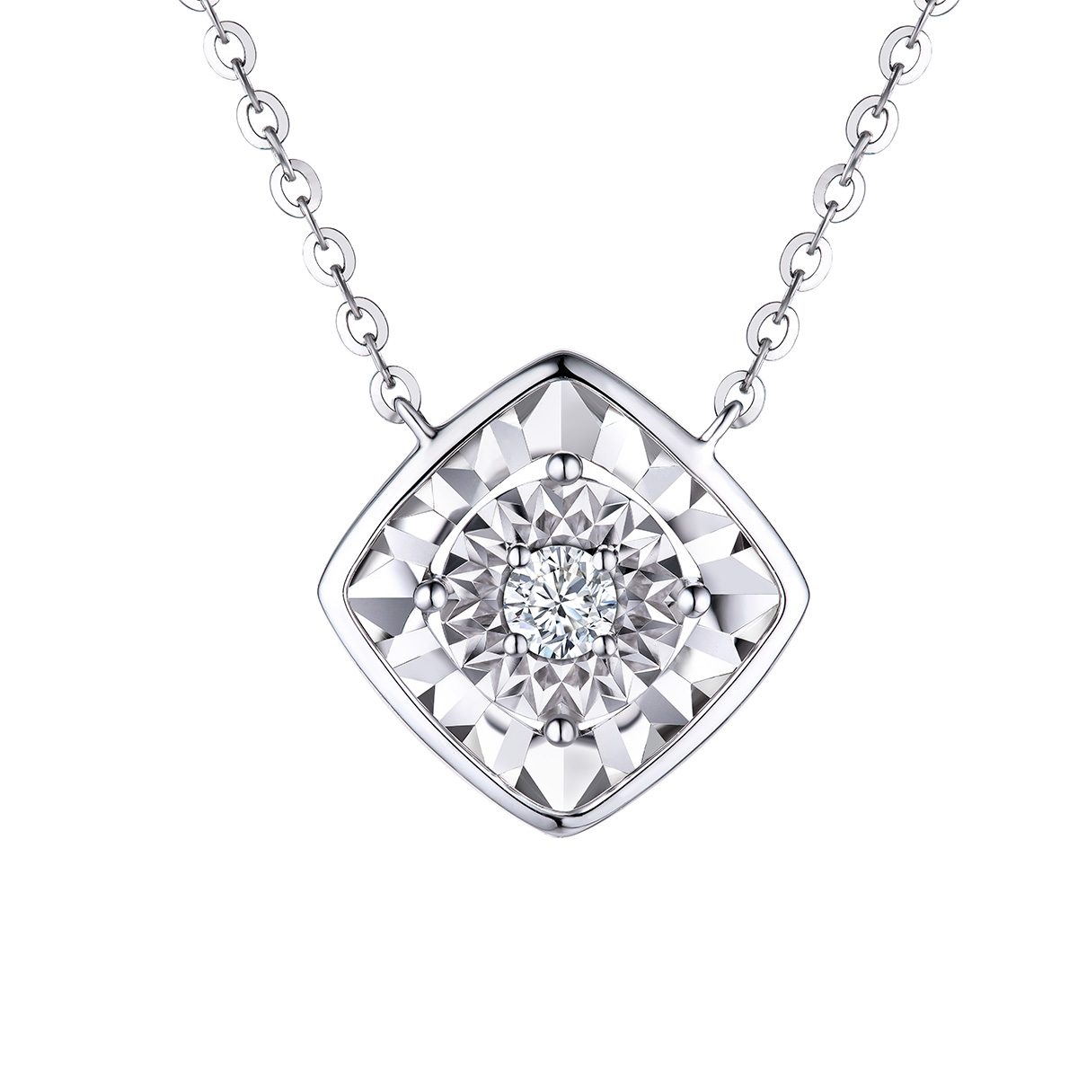 $t('六福珠寶')18K金頸鏈 - "「菱」瓏"18K金(白色)鑽石頸鏈(放閃車花工藝)