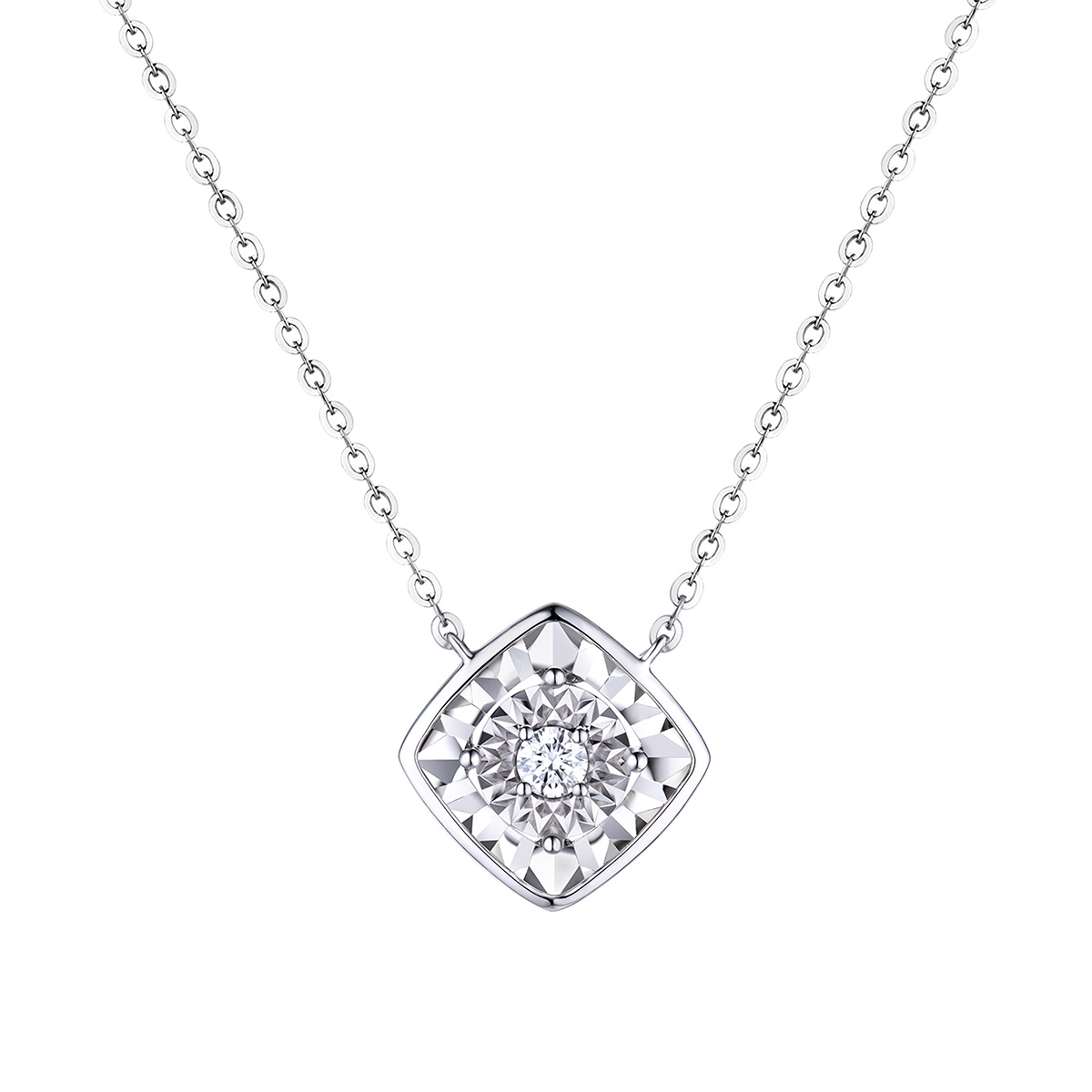 六福珠寶18K金頸鏈 - "「菱」瓏"18K金(白色)鑽石頸鏈(放閃車花工藝)