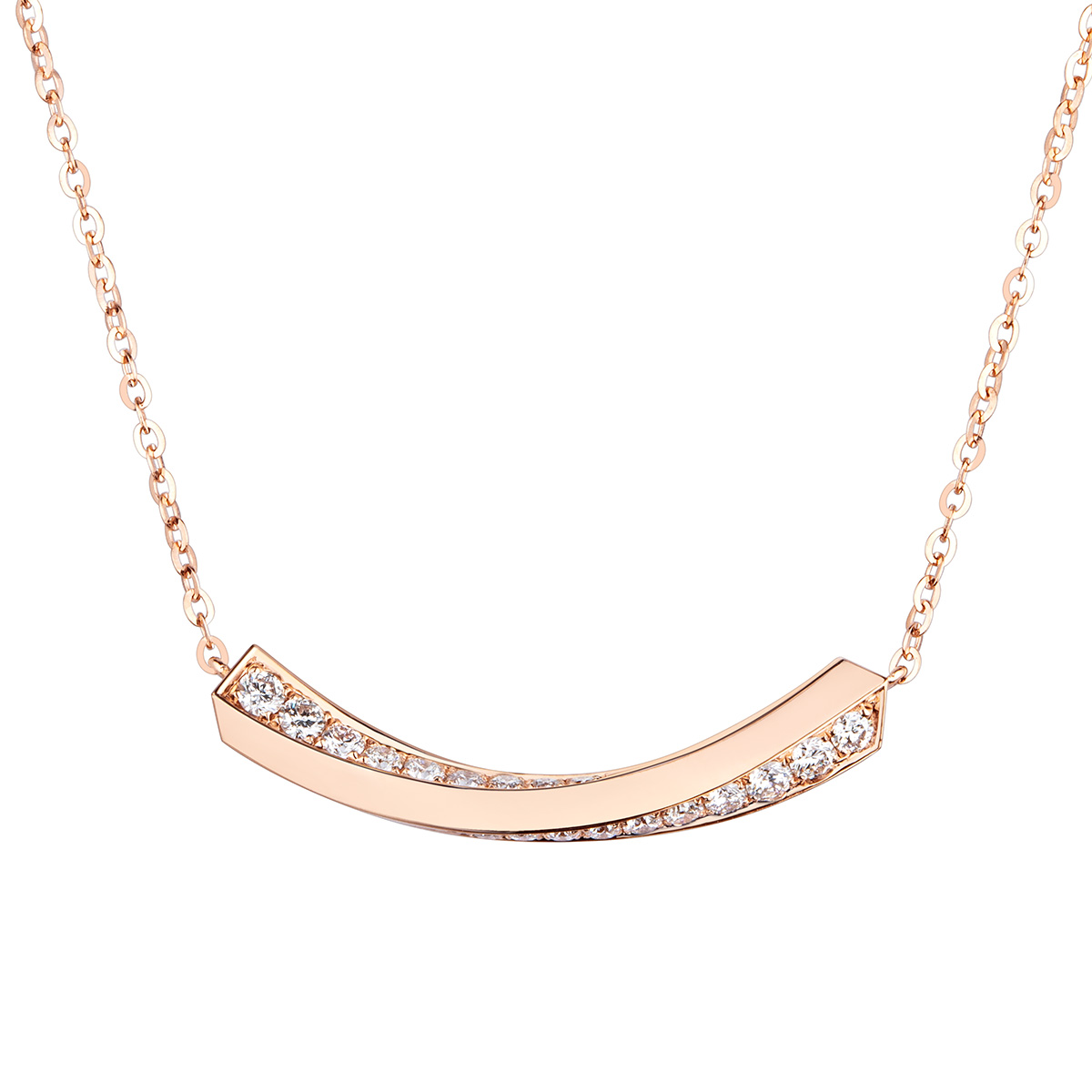 六福珠寶18K金頸鏈 - "線條美"18K玫瑰金鑽石頸鏈(斜面微鑲工藝)