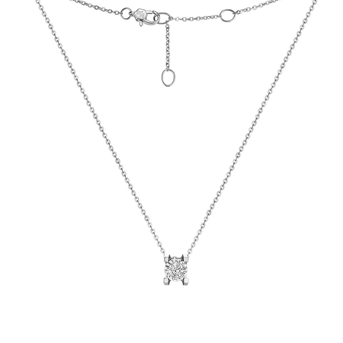 六福珠寶18K金頸鏈 - “Hexicon”18K金(白色)立體長方爪鑽石頸鏈(放閃車花工藝)