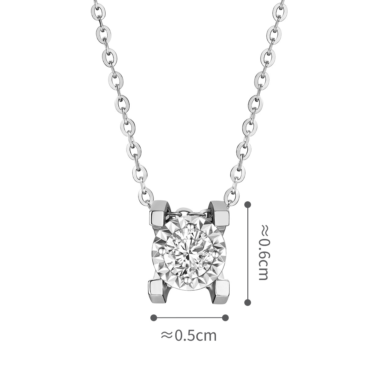 六福珠寶18K金頸鏈 - “Hexicon”18K金(白色)立體長方爪鑽石頸鏈(放閃車花工藝)