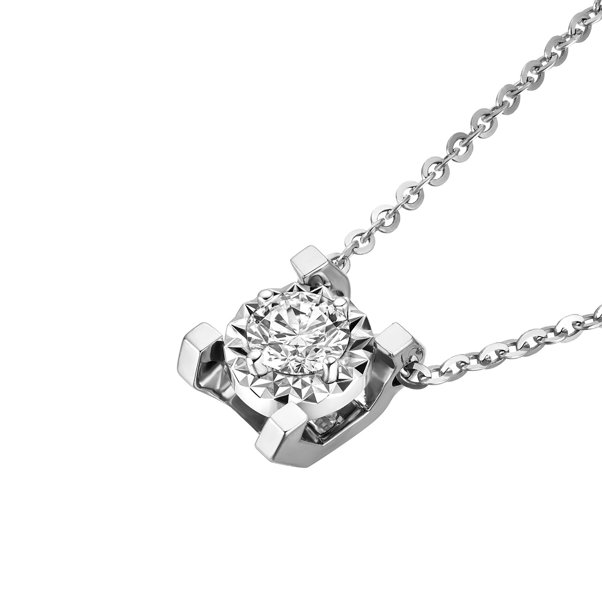 六福珠寶18K金頸鏈 - “Hexicon”18K金(白色)立體長方爪鑽石頸鏈(放閃車花工藝)