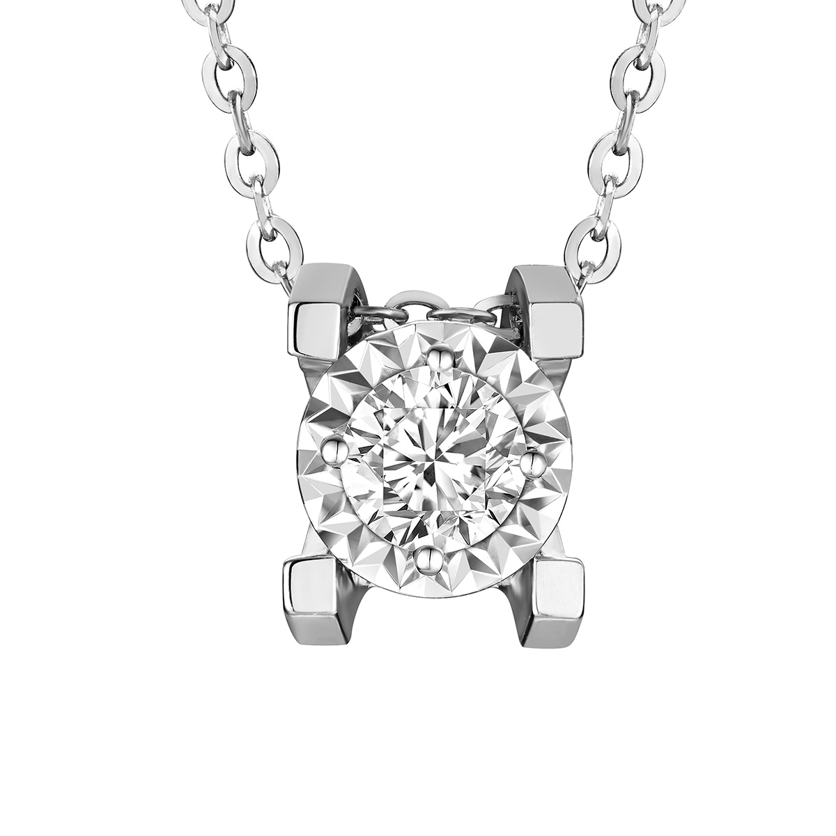 $t('六福珠寶')18K金頸鏈 - “Hexicon”18K金(白色)立體長方爪鑽石頸鏈(放閃車花工藝)