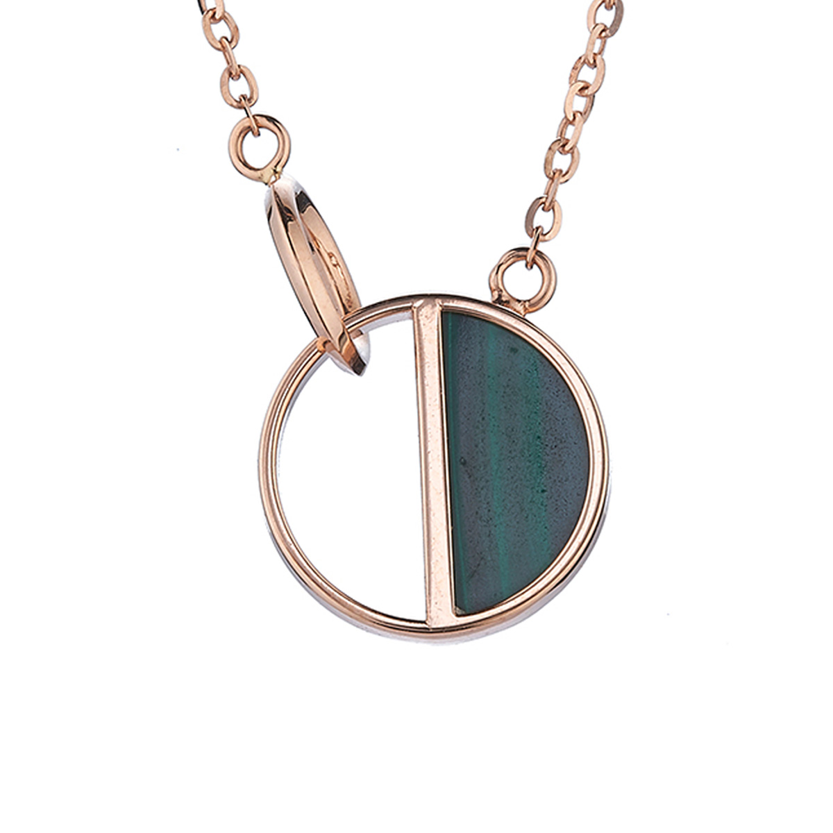 六福珠寶18K金頸鏈 - "黑白半圓"18K玫瑰金孔雀石頸鏈