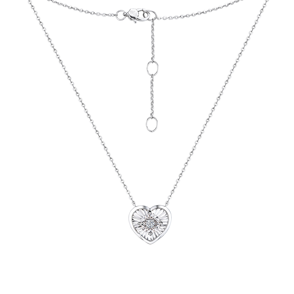 六福珠寶18K金頸鏈 - "心愛"18K金(白色)鑽石頸鏈(放閃車花工藝)