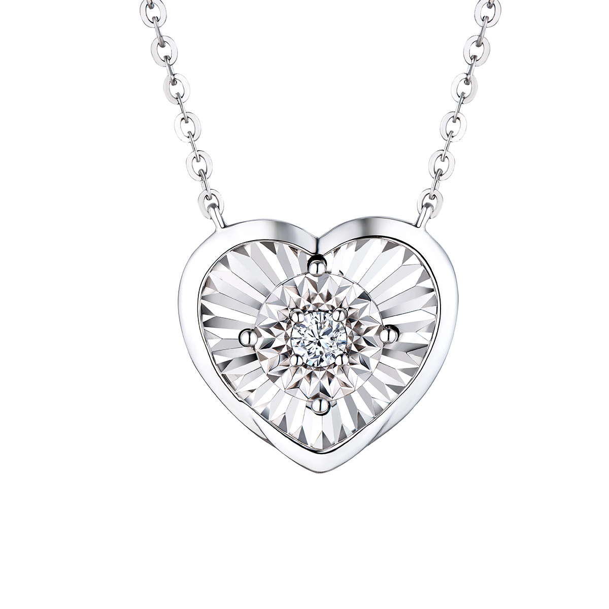 $t('六福珠寶')18K金頸鏈 - "心愛"18K金(白色)鑽石頸鏈(放閃車花工藝)