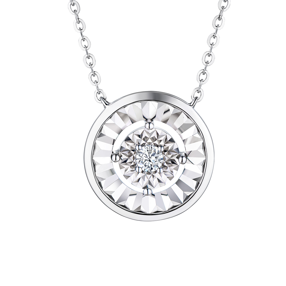 六福珠寶18K金頸鏈 - "經典"圓形18K金(白色)鑽石頸鏈(放閃車花工藝)