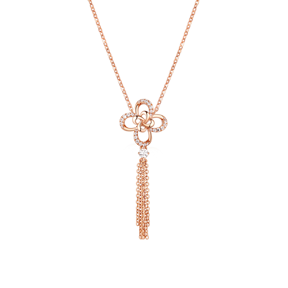 六福珠寶18K金頸鏈 - "心花"18K玫瑰金平安結流蘇鑽石頸鏈