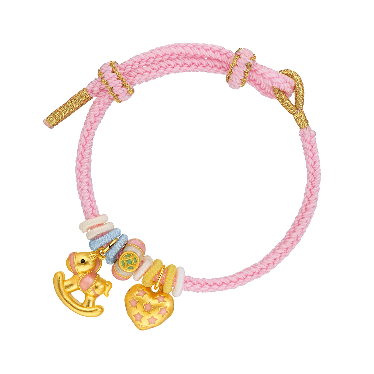 六福珠寶黃金串飾 - “馬上幸福”999足金鎏彩串飾連手繩