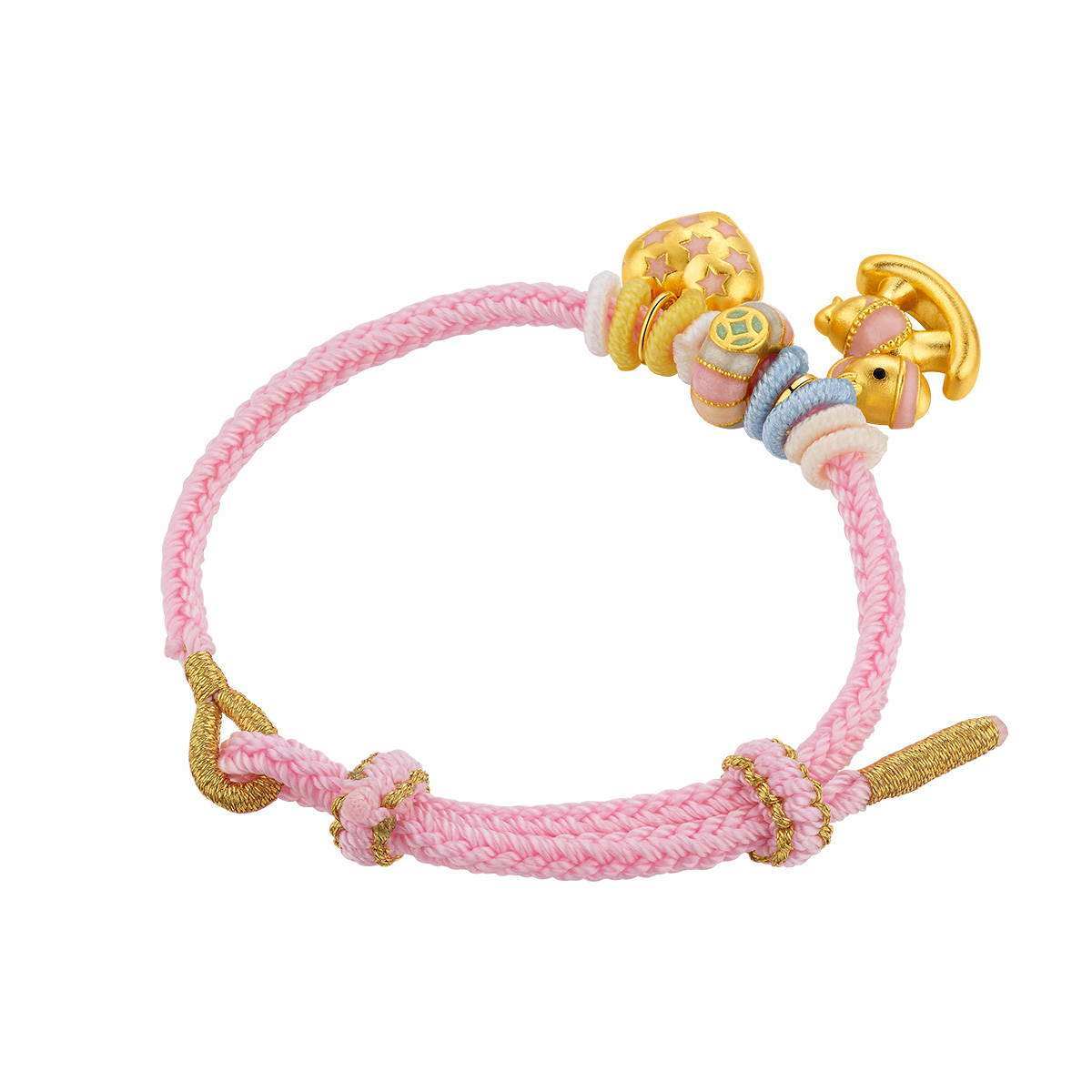 六福珠寶黃金串飾 - “馬上幸福”999足金鎏彩串飾連手繩