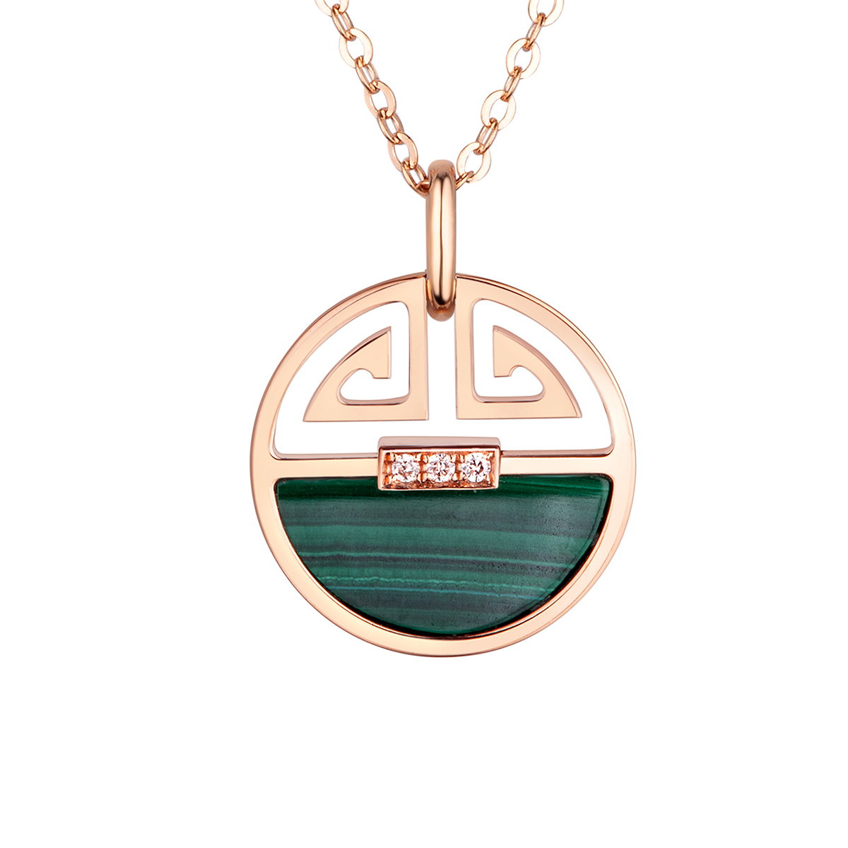 六福珠寶18K金頸鏈 - 回紋圖案18K玫瑰金鑽石孔雀石如意頸鏈