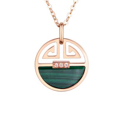 六福珠寶18K金頸鏈 - 回紋圖案18K玫瑰金鑽石孔雀石如意頸鏈