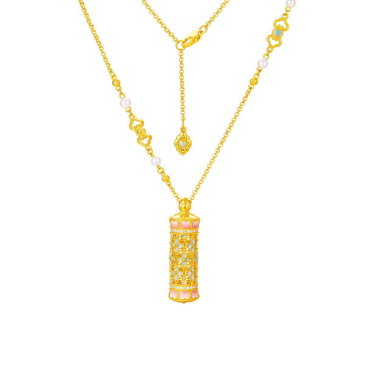 六福珠寶黃金頸鏈 - “花開海韻”999.9黃金鑽石珍珠頸鏈