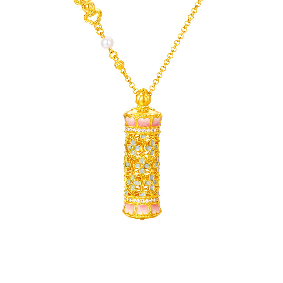 六福珠寶黃金頸鏈 - “花開海韻”999.9黃金鑽石珍珠頸鏈