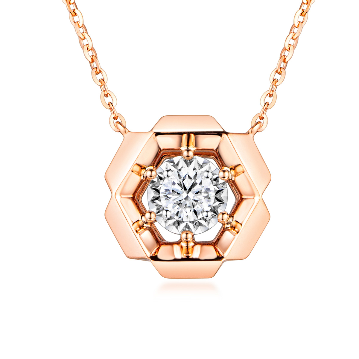 六福珠宝18K金颈链 - “六瓣之花”18K玫瑰金钻石颈链(放闪车花工艺)