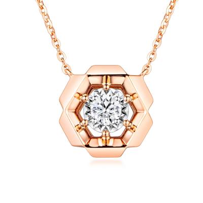 六福珠宝18K金颈链 - “六瓣之花”18K玫瑰金钻石颈链(放闪车花工艺)