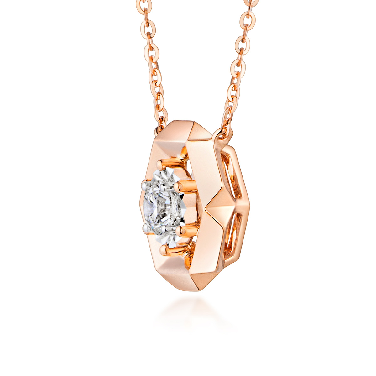 六福珠宝18K金颈链 - “六瓣之花”18K玫瑰金钻石颈链(放闪车花工艺)