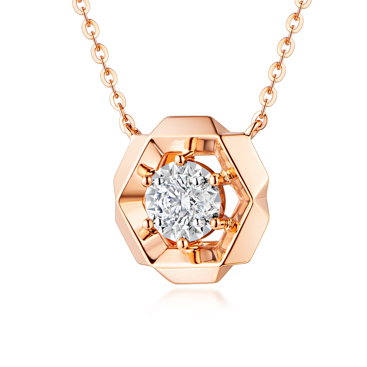 六福珠宝18K金颈链 - “六瓣之花”18K玫瑰金钻石颈链(放闪车花工艺)