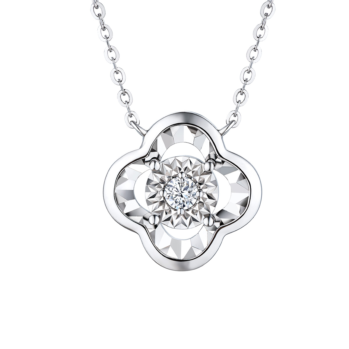 $t('六福珠寶')18K金頸鏈 - "映花"18K金(白色)鑽石頸鏈(放閃車花工藝)