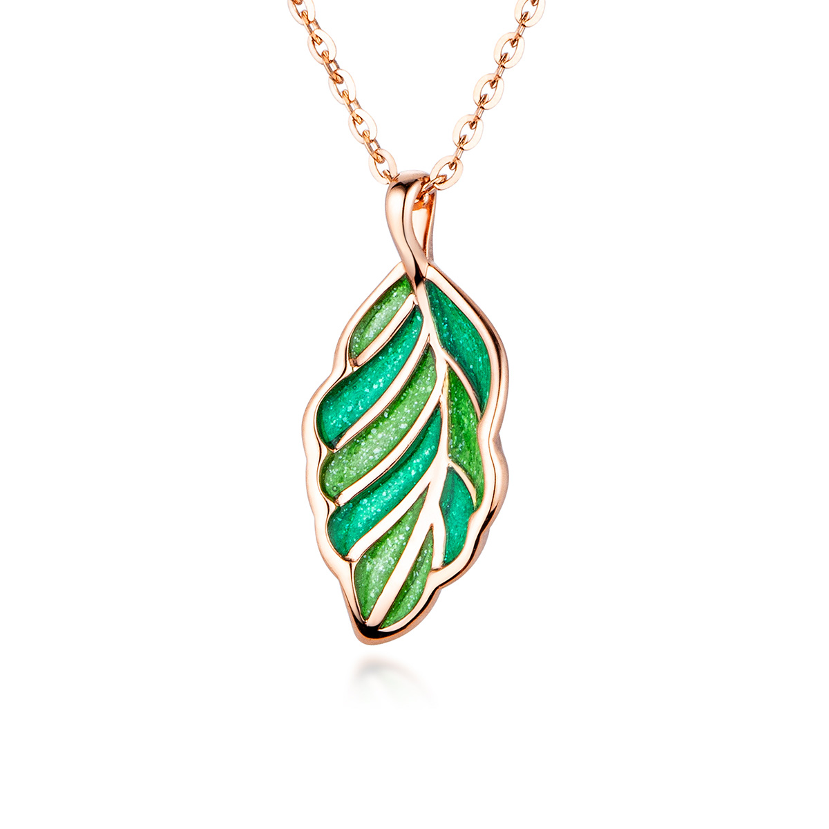 六福珠宝18K金颈链 - 【LISTING CLOSED】"春迹"18K玫瑰金珐瑯绿叶形颈链