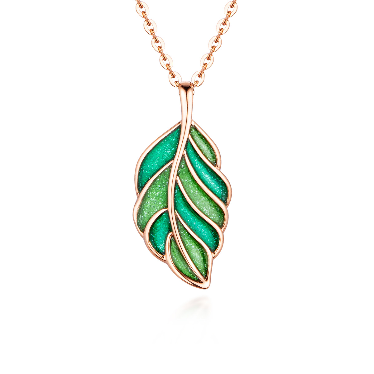 $t('六福珠寶')18K金颈链 - 【LISTING CLOSED】"春迹"18K玫瑰金珐瑯绿叶形颈链