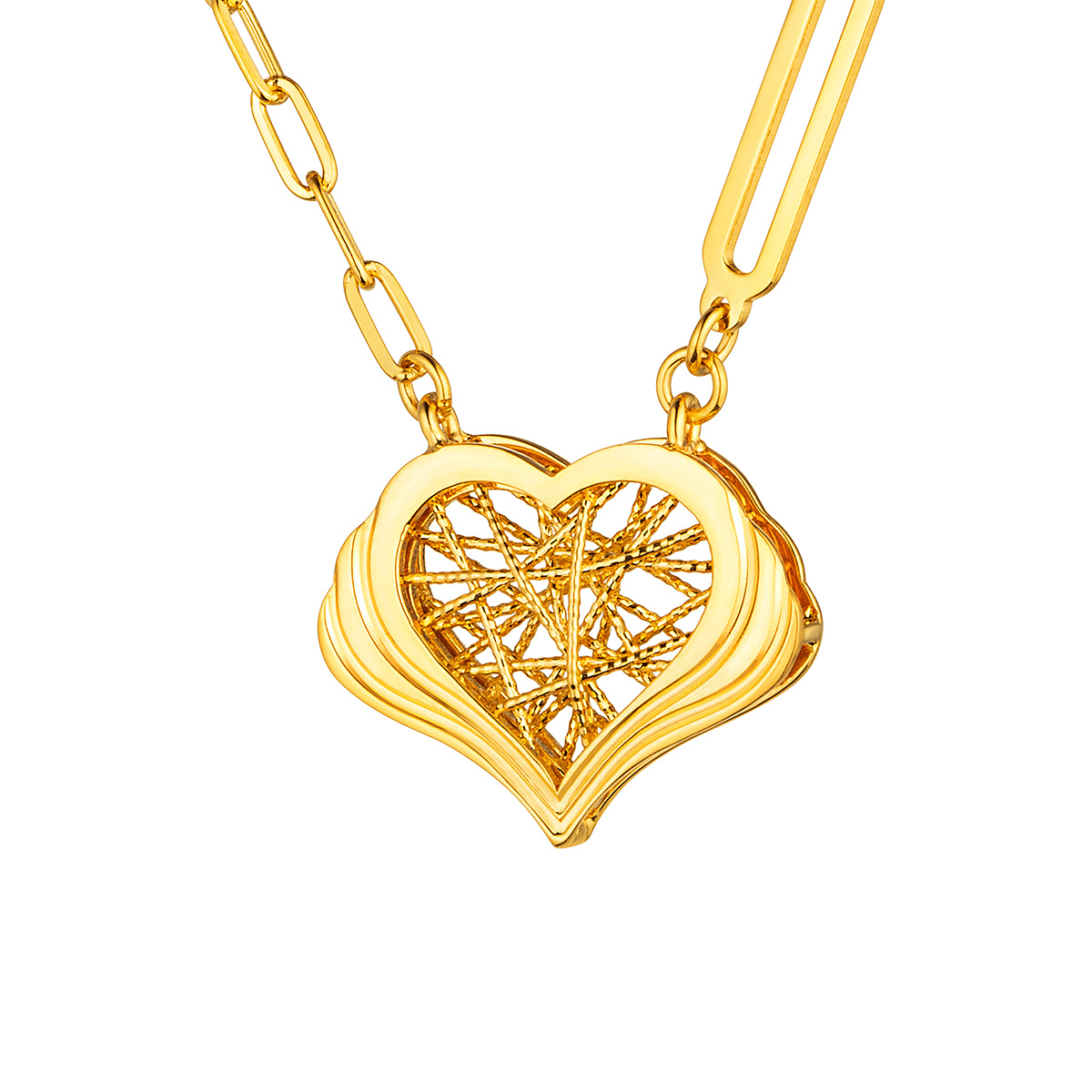 六福珠宝黄金颈链 - "丝丝心动"立体心形990黄金颈链